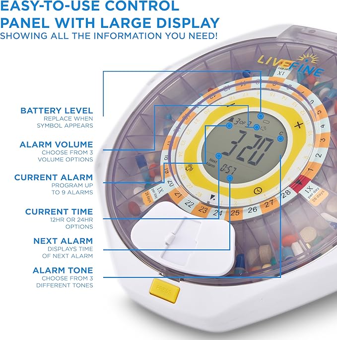 LiveFine Bluetooth Automatic Pill Dispenser, 28-Day Capacity, Sound & Light Alerts, Key Lock, LCD & Easy Setup on the LiveFine App for Prescriptions, Medications, Vitamins & Supplements - Clear Lid