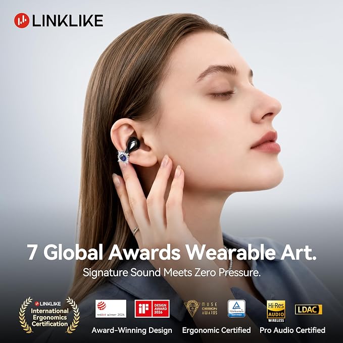 Linklike Most Comfortable Jewelry Open Ear Clip-on Earbuds with Zircon Earrings [All-in-One Storage] [Patented 0-Pressure] [Longest 70H Playtime] [Master-Tuned Hi-Res LDAC] Ideal Gift for Women, Gray