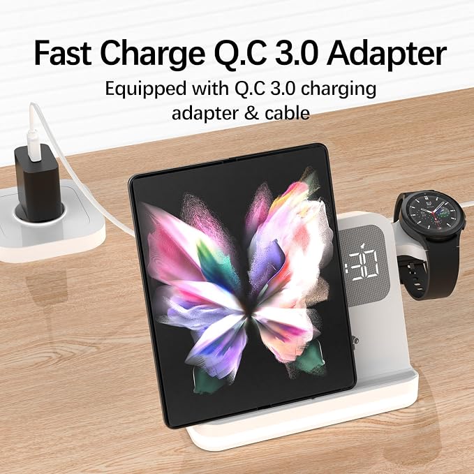 3-in-1 Wireless Charging Station with Digital Alarm Clock, Dimmable Night Light & 15W Fast Charge | All-in-One Bedside Dock for Qi Phones, Smart Watches, Wireless Earbuds, B22 White.