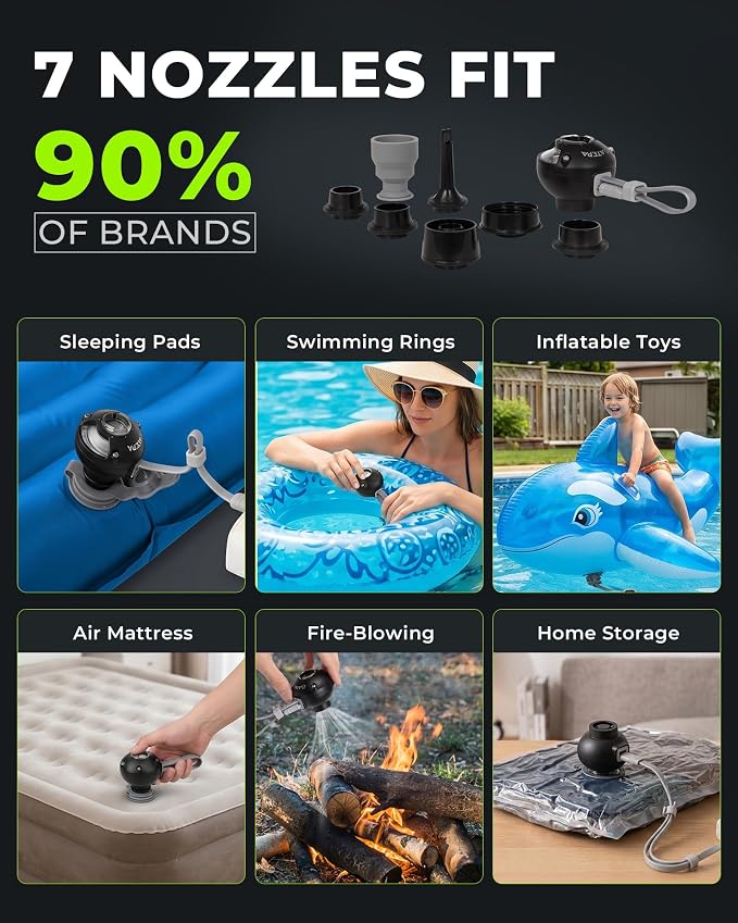 ATEPA Mini Air Pump for Inflatables, Ultra-Light 1oz Portable Air Mattress Pump with 300L/min Fast Inflate Deflate & Type-C Powered Small Air Pump & 7 Nozzles for Camping Backpacking Sleeping Pad