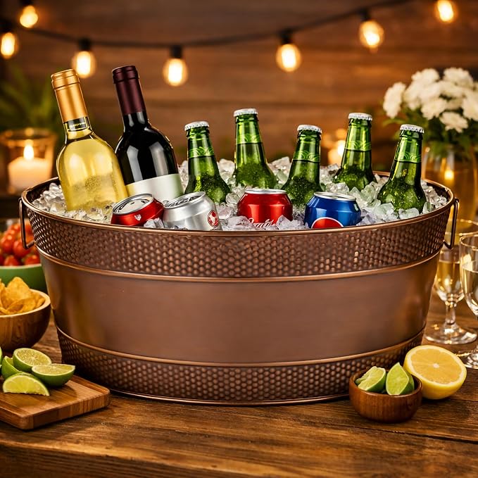 BREKX Aspen Galvanized Tub, Copper Finish Metal Ice and Drink Cooler for Parties, Sealed Leak Resistant Party Cooler, Easy to Clean, Handcrafted, Large Oval 25-Quart (6 Gallon), 30 Bottle Bucket