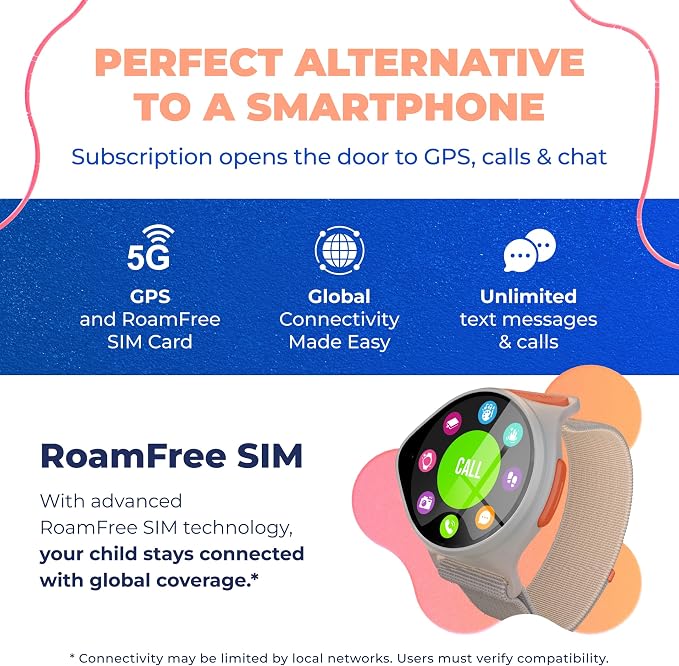 Kids Smart Watch with GPS Tracker Up to 24H Battery Work, SOS, & Parental Controls Smartwatch, Kid Phone Call and Text, Boys & Girls, 4G Smart Watch for Kids Requires Data Plan - First 12-Months Free