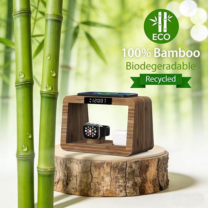 Bamboo Charging Station with Alarm Clock, 15W Fast Wireless Charger with Stepless Dimmable Night Light, 5 in 1 Wood Style Nightstand Organizer Compatible with iPhone/iWatch/AirPods