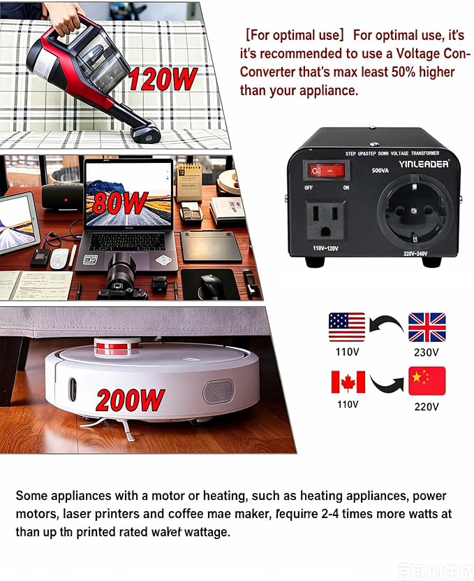 Yinleader 110v to 220v European Voltage Converter Transformer 500W Step Up Converter 110/120 Volt to 220/230/240 Volt or Step Down 220 to 110,[110V US Power Cord Included Only, No 220V Cord]