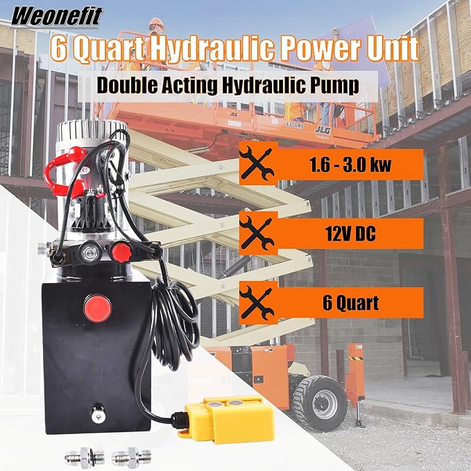 12V DC Steel Hydraulic Pump Power Unit, 2 GPM Flow Rate, 6 Quart Metal Reservoir, Double Acting, 3200 PSI Max Pressure, SAE #6 Ports for Dump Trailers, Car Lifts, DIY Hydraulic Systems