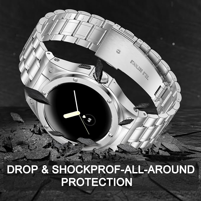 SUPLINK Stainless Steel Case and Band Compatible with Google Pixel Watch Band/Pixel Watch 2 Bands 41mm for Men,Metal Adjustable Wristband Protective Bumper for Pixel Watch 3 Accessories, Sliver