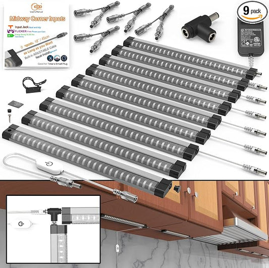 EBD Under Cabinet Lighting Plug in 9 Pcs 12 Inch, Dimmable No Messy Wires Built-in Adjustable Cable LED Light Bar, T-Connector Counter Lights for Smart Plug Kitchen Home Office 6500K 4050Lm 4 Cables