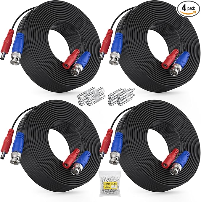 ANNKE 4 Pack 30M/100ft All-in-One Video Power Cables, BNC Extension Surveillance Camera Cables for CCTV Security DVR System Installation, Free 8 x BNC Connectors and 100pcs Cable Clips Included