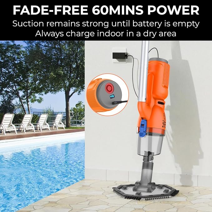 24V Cordless Handheld Pool Vacuum - 43,000Pa Hyper Suction, 3-Stage 3D Fiber Ball Micro-Filtration, Fine Filter, XL 0.3gal Canister, 7ft Pole & 2 Heads, for Inground & Above Ground Pools, Spas