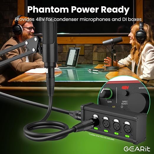 GEARit XLR Over Ethernet Adapter, 4 Channel XLR Over Cat5/Cat6 Snake Extender Box, Ethercon-Compatible RJ45 to XLR Adapter for 3-Pin DMX and Analog Audio, Supports 48V Phantom Power(1 Pair)