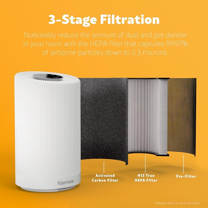 Kenmore PM1005 Air Purifier with H13 True HEPA Filter, Covers Up to 850 Sq.Foot, 25db SilentClean 3-Stage HEPA Filtration System for Office & Bedroom