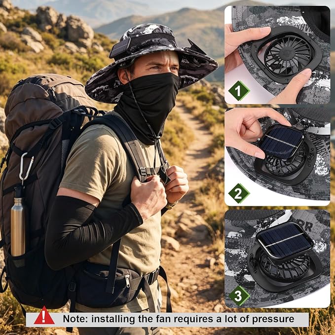 Syhood Solar Powered Fan Hat Neck Gaiter Arm Sleeves Sun Bucket Hat with Fan Cooling Wide Brim Hats for Fishing Hiking