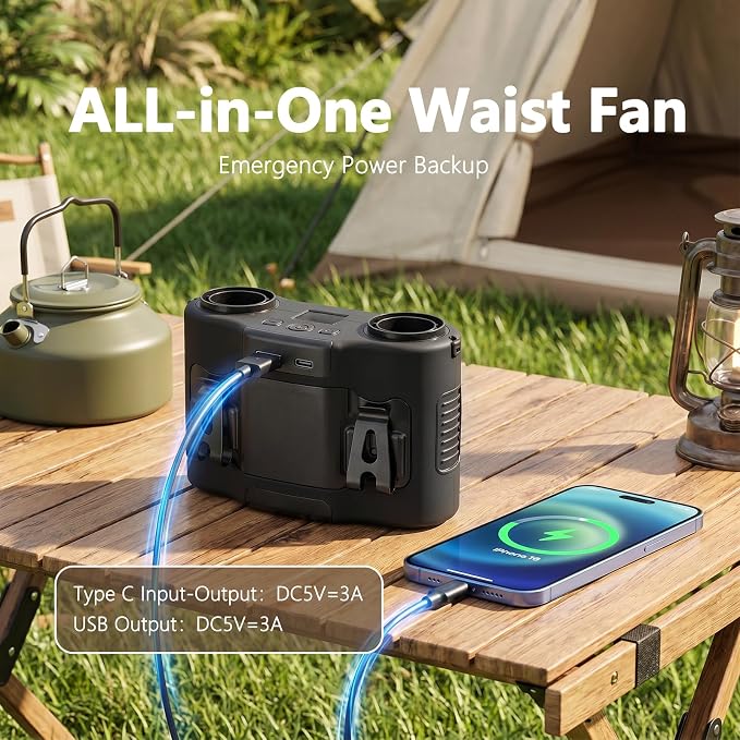 Portable Waist Fan, Rechargeable Belt Clip Fan with Dual Air Outlet, 16000RPM Airflow, up to 40H Runtime, Hands-Free Neck & Waist Fan for Jobsite Cooling Camping Travel Outdoor Black