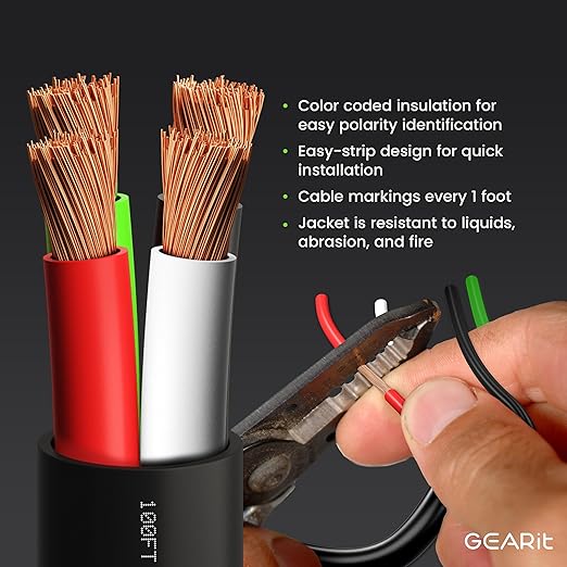 GEARit 14 Gauge Speaker Wire Cable,UL CL3 Rated 14 Gauge Wire 250ft,Copper Wire with Polarity Mark,Audio Cable for in-Wall,Home,Car,Outdoor,Garden,Commercial Audio Systems,OFC(Brown,4-Conductors)