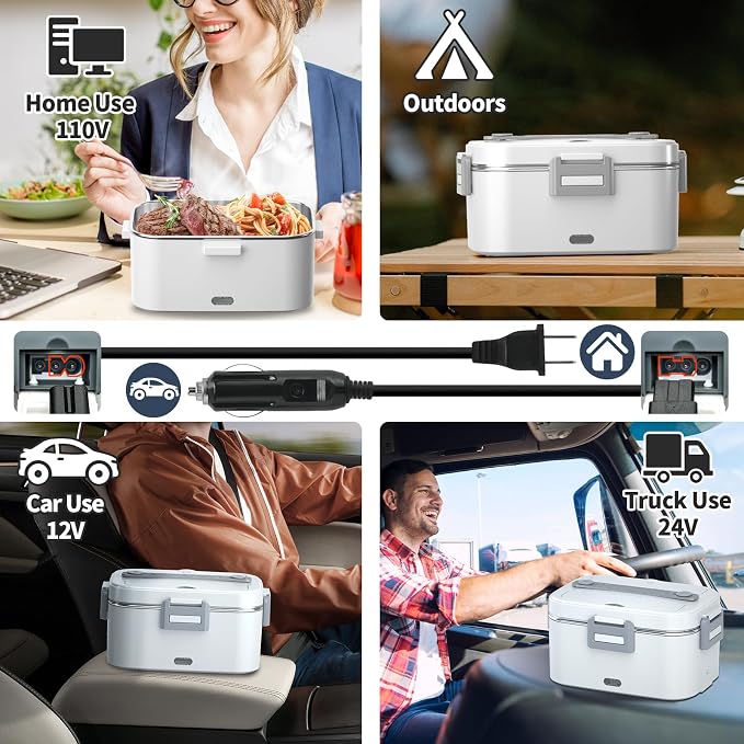 Electric Heated Lunch Box for Adults with 2 Pack 1.8L Containers, ON/OFF Power Switch & 0.6L Double Layer, Portable 100W 3-IN-1 Fast Heating Food Warmer for Men, ,12V/24V/110V for Car Truck Office