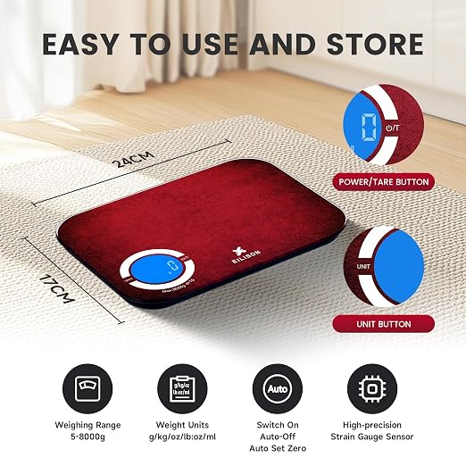 EILISON Smart Kitchen Scale with Nutrition Calculator, Digital Food Scale, Large TFT Color Display, Bluetooth App for 999+ Foods, Calorie Counter & 24 Nutrients Analyzer, 5000g Cap (Red)