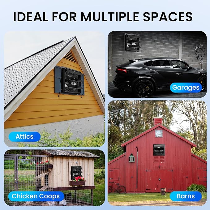 12" Wall Mounted Shutter Exhaust Fan, Attic Fan with Thermostat Humidity Controller, 10-Speed Adjustable, 940 CFM, Automatic Shutter, Vent Fan for Greenhouses, Garages, Shop, Chicken Coops