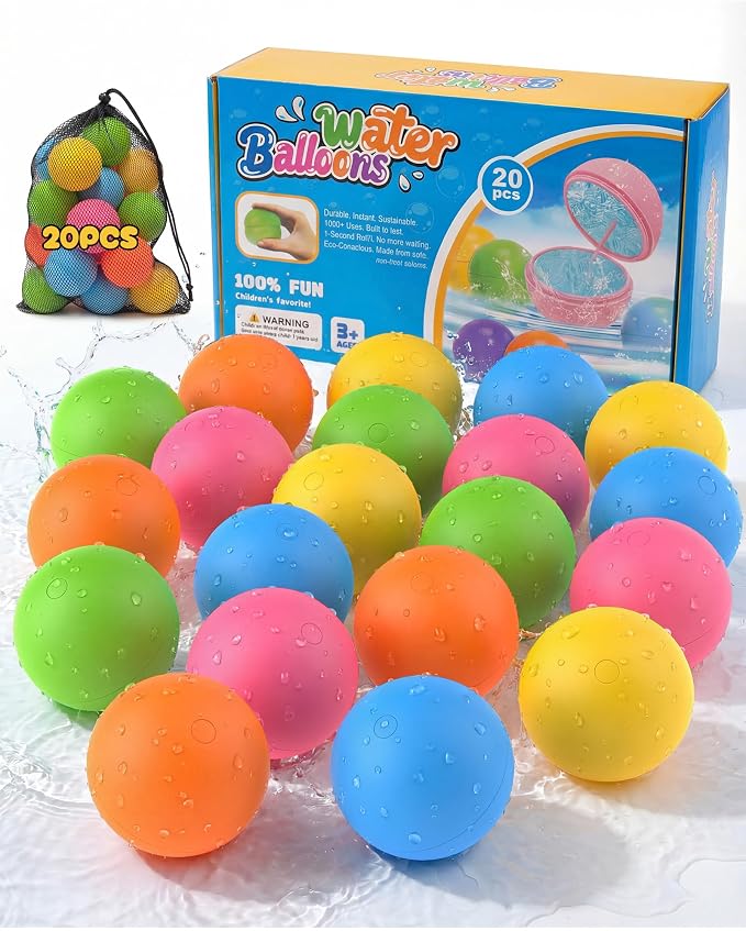 20Pcs Reusable Water Balloons for Kids & Family Outdoor Play – Quick Fill, Soft Silicone, Easy to Collect, No Magnets, Perfect for Yard, Pool Beach Games, Summer Water Toys