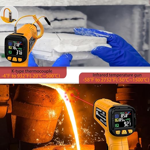 Infrared Thermometer Gun -58°F to 2732°F, IR Temperature Gun with K-Type Probe for Internal Readings, 50:1 High Temp Laser Thermometers Tool for Kilns, Furnaces, HVAC, BBQ Home & Industrial Use