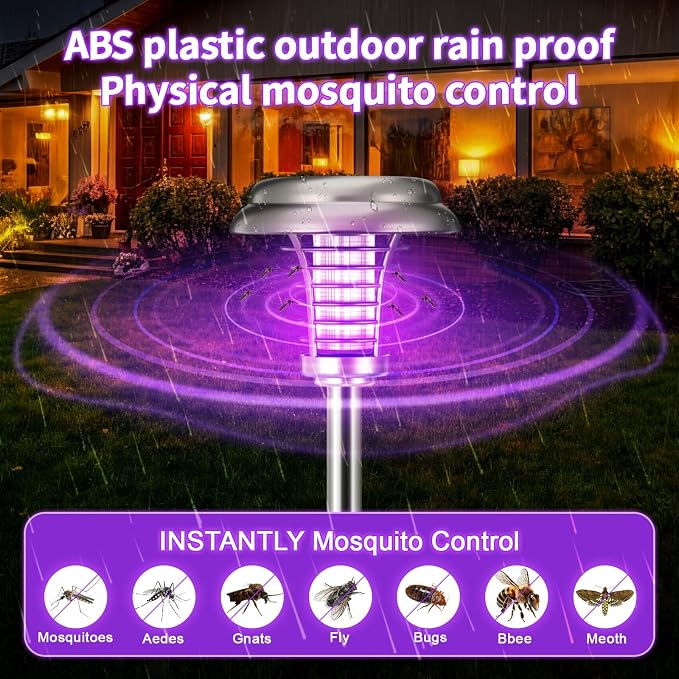 4 Pcs Solar Bug Zapper Outdoor Waterproof Mosquito Repellent light Solar Power Fly Killer lamps for Moths, Gnats, Fly, Small Flying Insect Backyard Garden Lawn (Stainless Steel,Purple & Colored Light)