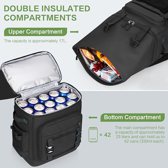 42 Can Backpack Cooler,40L Insulated Double Decker Leakproof, Waterproof Travel Cooler Backpack for Beach Camping Picnic Travel