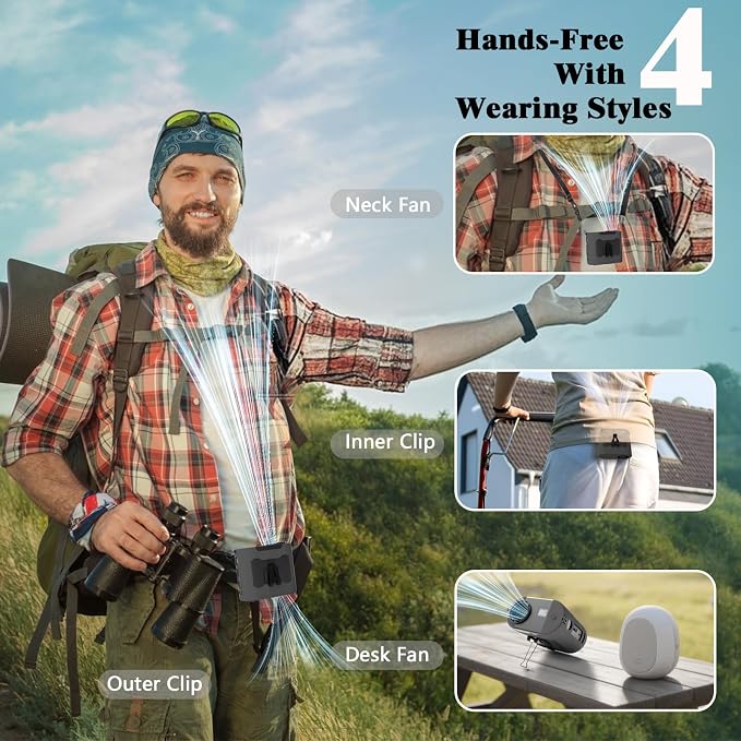 10000mAh Portable Waist Fan, Rechargeable Battery, 40H Max Runtime, 5 Speeds 16000RPM Strong Airflow, Hands-Free Neck Fan, Personal Wearable Shirt Belt Clip Fan for Outdoor, Jobsite, Camping (Gray)