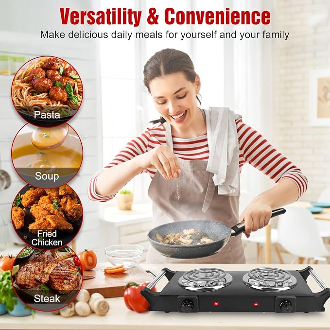 2000W Hot Plate Electric Stove, Portable Cooking Stove w/Cooling Handle, 5 Levels of Adjustable Temperature, Countertop Burners Dual Coil Burner for Home RV Camping, Fits All Cookware