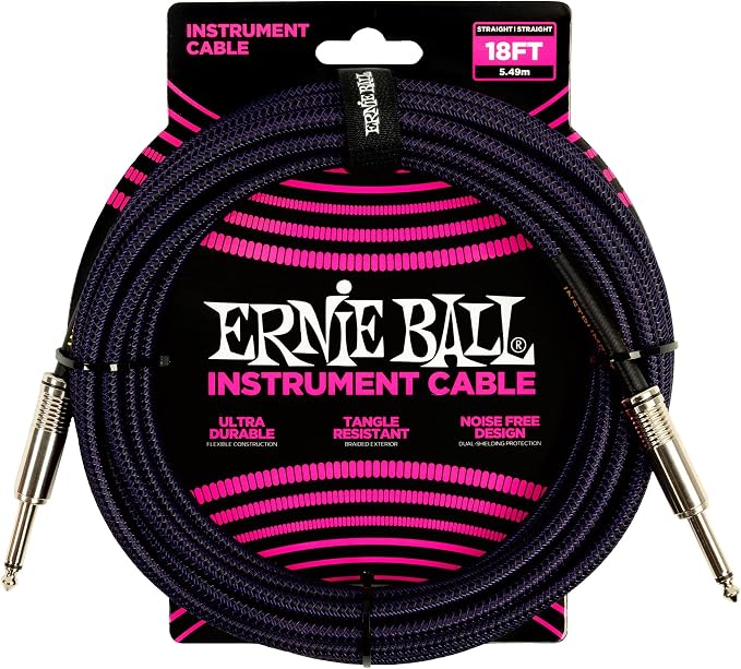 Ernie Ball Braided Instrument Cable, Straight Straight, 18ft, Purple/Black