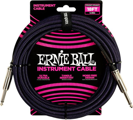 Ernie Ball Braided Instrument Cable, Straight Straight, 18ft, Purple/Black