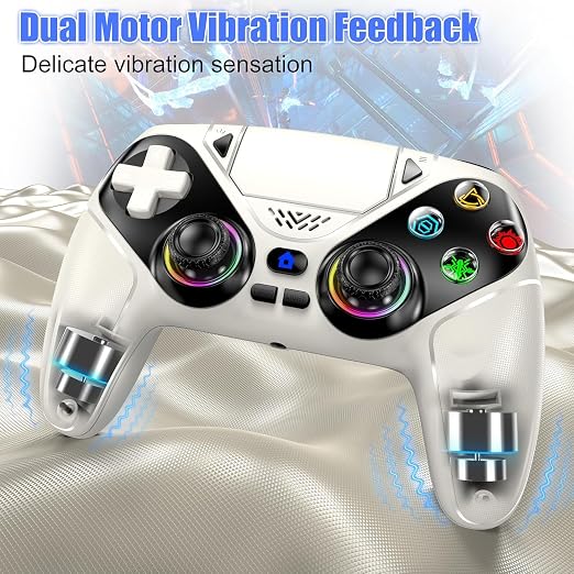 Nonbliep LED Wireless Controller for PS5, Compatible with PS5/PC, Dual Vibration, Macro/Turbo Function, 6-Axis Motion Control, 3.5mm Audio Jack Gamepad with Speaker - White