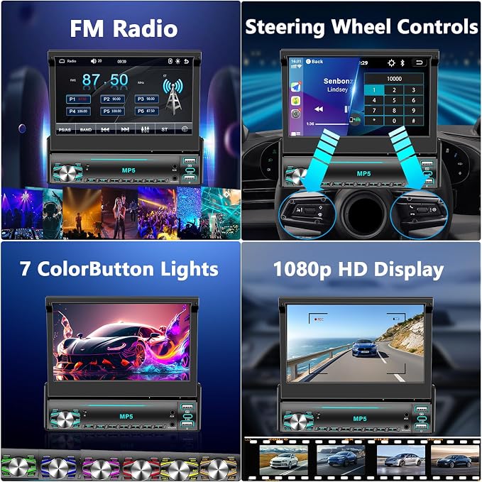 Single DIN Touchscreen Radio, Flip Up Screen Car Stereo with Bluetooth, Flip Out Single DIN Radio Supports MirrorLink, FM Radio, EQ, 1080P, USB, Aux-in HD Backup Camera & SWC for Car Audio Upgrade