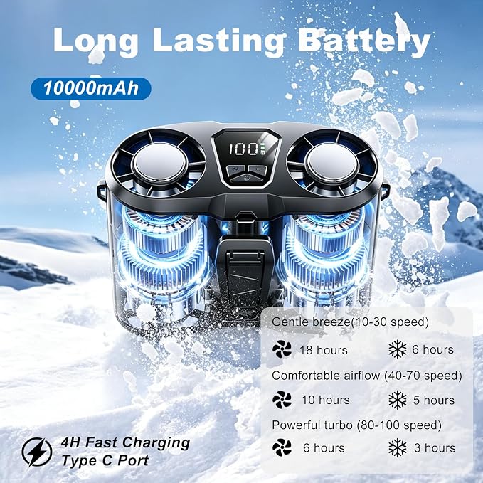 Rechargeable Waist Fan with Ice Cooling, High-Speed Neck Belt Clip-on Fan with 10 Gears, LED Display & Flashlight, Hands-Free Personal Fan for Work Outdoor Travel, Black
