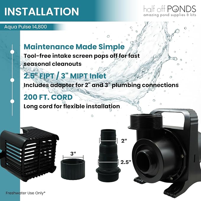 Aqua Pulse Submersible Pond Pump, 10,500 GPH, 200 ft Cord | 27 ft max head, 620W energy efficient, Ultra quiet, For koi ponds, Waterfalls, Fountains