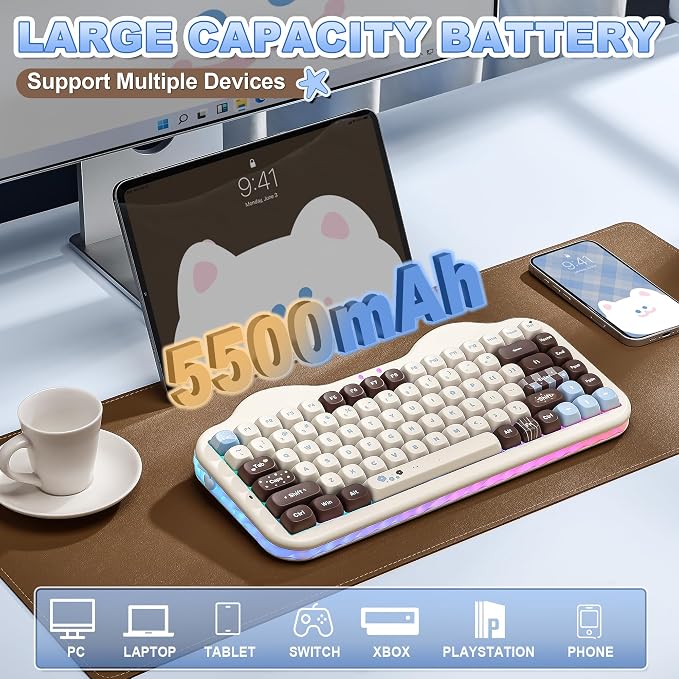 YUNZII C75 Wireless Mechanical Keyboard,75% Layout, Hot-Swappable NKRO,BT5.0/2.4G/USB-C Mode,Dye-Sub PBT MOA Keycaps,RGB Gasket Mount,Cute Cake Design for Mac/Win/Gaming (Choco, Candy Switch)