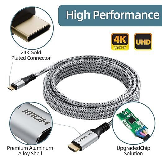 Elecan USB C to HDMI Cable 12 Ft, 4K@60Hz HDR, Gold-Plated Braided High-Speed USB 3.1 Type-C to HDMI 2.0 Cord Thunderbolt 3/4 Compatible for Galaxy MacBook Pro/Air iPad Pro Surface Dell HP with 5 Ties
