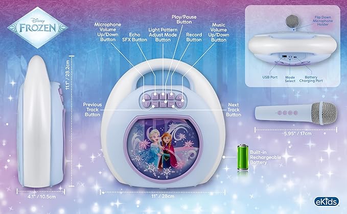Disney Frozen Karaoke Machine for Kids, Bluetooth Speaker with Wireless Microphone, Designed for Fans of Frozen Toys