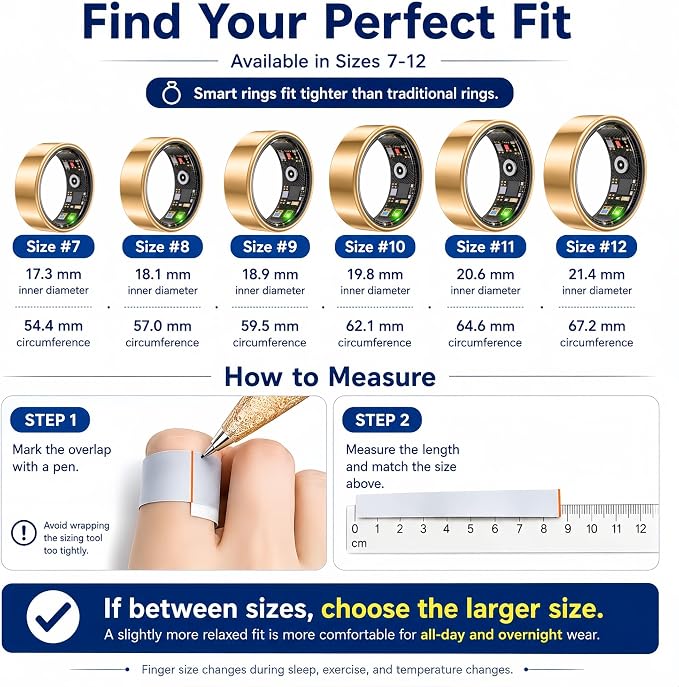 Smart Ring Health & Fitness Tracker for Men & Women, Heart Rate, SPO₂, Sleep & Activity Monitoring, IP68 Waterproof, Long Battery Life, Family Care Mode, No Subscription Fee (Rose Gold, 12)