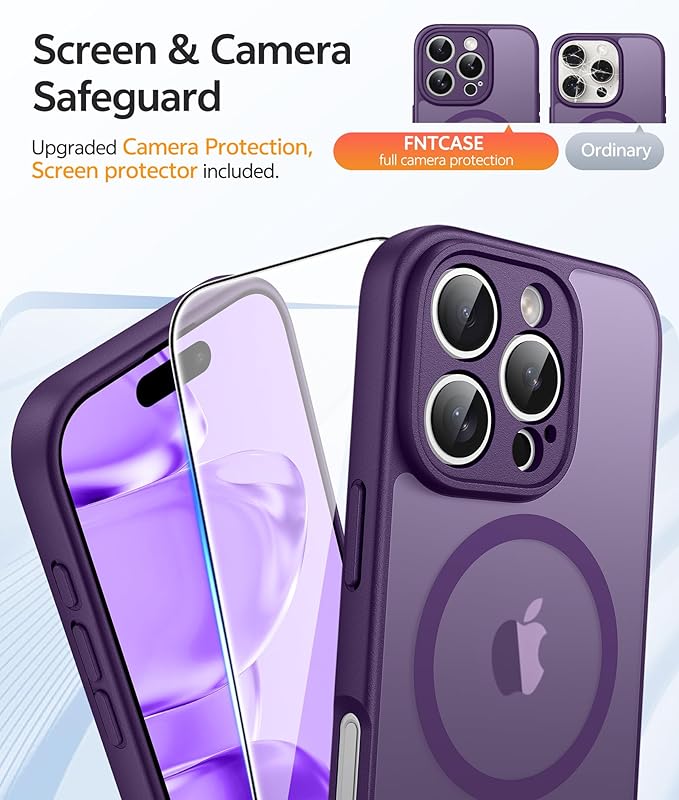 FNTCASE for iPhone 16 Pro Case: [Compatible with Magsafe] Translucent Matte Cases with [Full Camera Protection] [Screen Protector] Military Grade Shockproof Protective Phone Cover - Purple