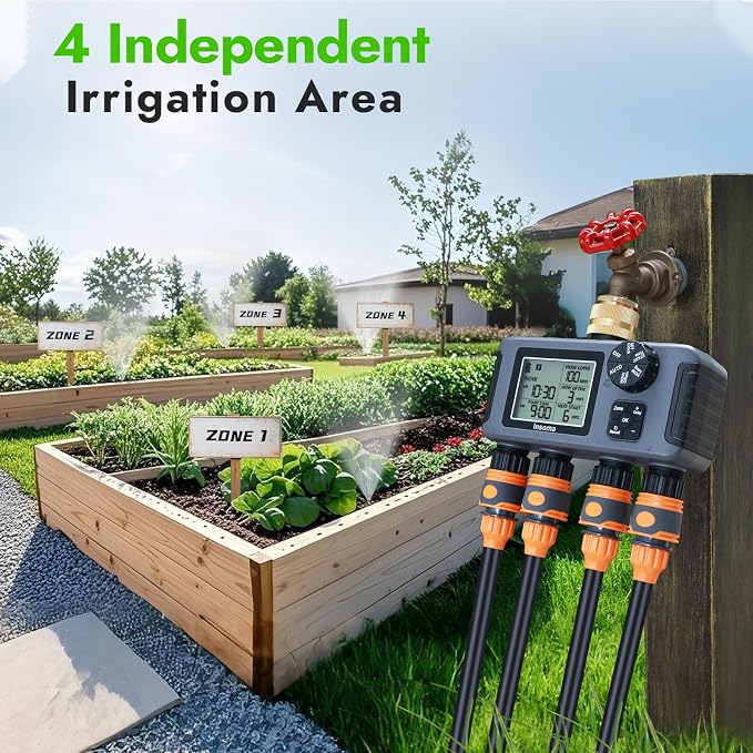 Insoma Water Timer with Brass Inlet, 4 Independent Zones Outdoor Hose Timer for Garden Faucet with Auto/Manual/Rain Delay Mode, IPX5 Waterproof, Sprinkler Irrigation Controller for Yard Lawn