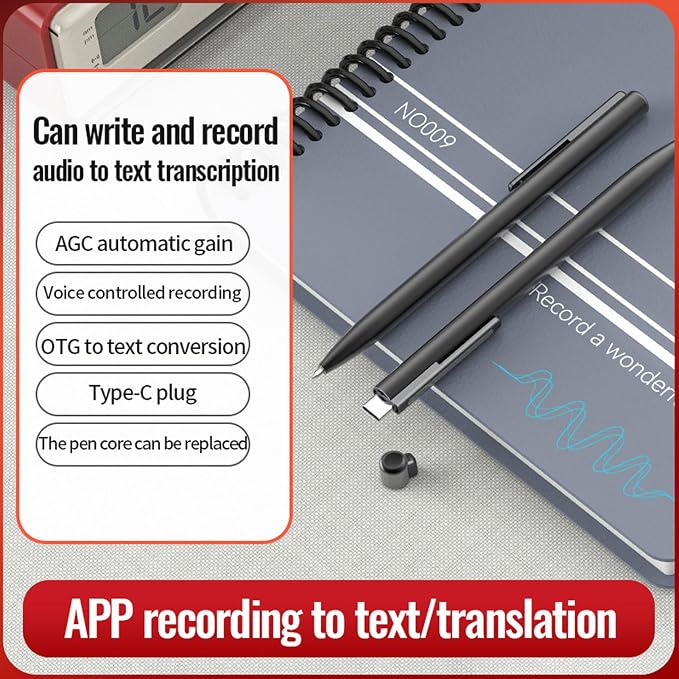 Voice Recorder Pen, One Touch Recording Ai Noise Reduction Voices Activated Copper Alloy Pen Recorders with Type C Charging Digital Voice Recorder for Smart Note Taking (64GB)