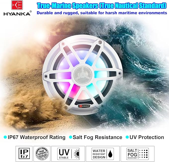 H YANKA HMS-65 6.5 Marine Speakers - 750W 2-Way IP67 Waterproof Boat Stereo System with LED Lights, High-Fidelity Coaxial Speakers, Y35 Magnet Woofer, UV & Salt Spray Resistant - 1 Pair (White)