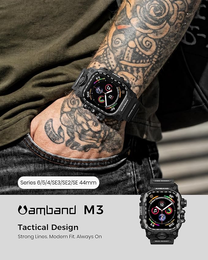 amBand Rugged Case with Band for Apple Watch 44mm, Compatible with iWatch Series SE 3/SE 2nd Generation/SE/6/5/4, Military Grade Shockproof Bumper Cover, Tactical Band for Men, Matte Black