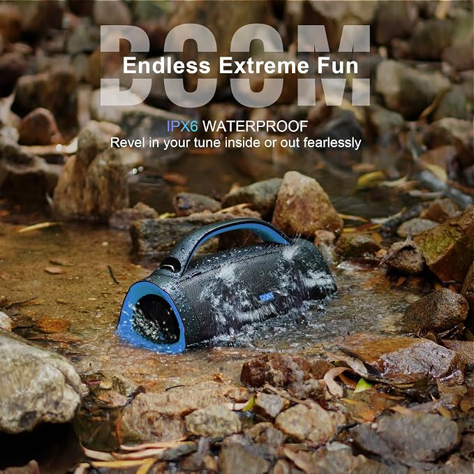 DOSS Extreme Boom Pro 100W Portable Speaker, 2+2 Channel, Deep Bass, IPX6 Waterproof, Bluetooth 5.3, 20H Playtime, Power Bank, Dynamic Lights, Outdoor Speaker for Camping, Beach, Poolside - Blue