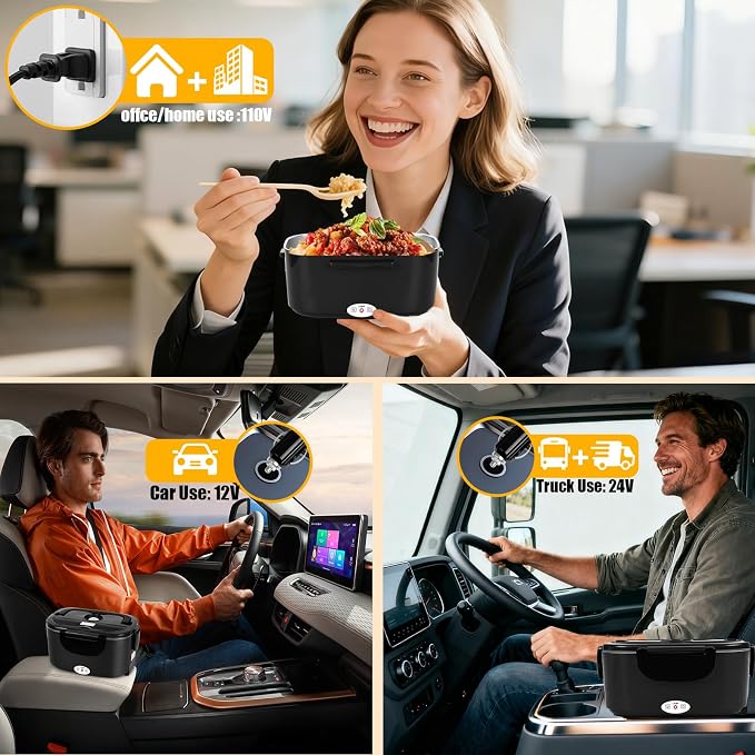 Electric Lunch Box for Adults, 80W Fast Heating Heated Lunch Box, 1.5L Dual 304 Stainless Steel Portable Food Warmer, 12/24/110V for Car Truck Work Travel, Lonchera Eléctrica Portátil(Black)