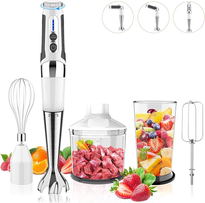 Toogel Cordless Immersion Blender, 4-in-1 Electric Hand Blender with 21-Speed & 3-Angle Adjust, USB Rechargeable, BPA-Free & Dishwasher Safe for Baby Food, Smoothies, Soup (White)