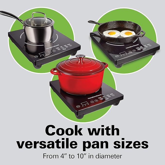Hamilton Beach Portable Single Induction Cooktop Countertop Burner Hot Plate with Fast Heating Mode, 1800 Watts, 10 Temperature Settings up to 450F, Black (34104)