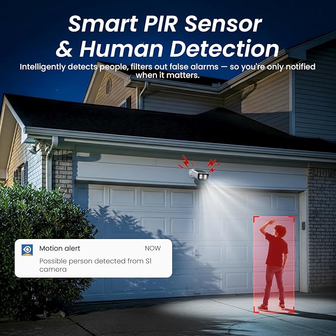 Cinnado Security Cameras Wireless Outdoor-2.4 GHz Wi-Fi Cameras for Home Security, Battery Powered with Built-in Solar Panel, 2K Color Night Vision, Human Detection, TF Card & Cloud Storage, S1 1 Pack