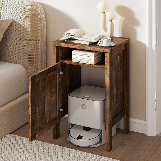 Giantex Robot Vacuum Storage Cabinet, Farmhouse End Table with Anti-Tipping Device, Anti-slip Foot Pads, Nightstand, Space-Saving Sweeping Robot Stand for Small Space, Bedroom, Kitchen, Office (Brown)