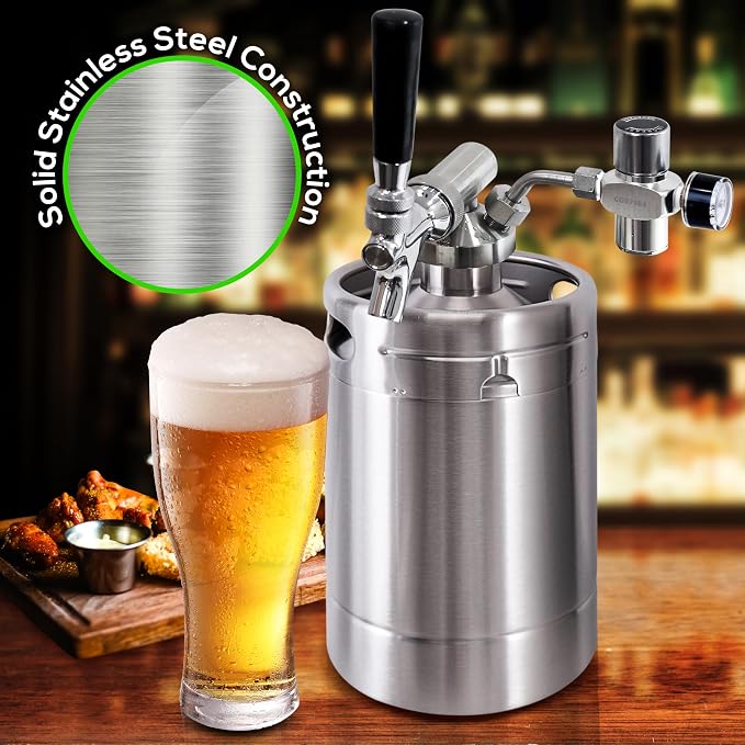 NutriChef Pressurized Beer Mini Keg System, 64oz Stainless Steel Growler Tap, Portable Mini Keg Dispenser Kegerator Kit, Co2 Pressure Regulator Keeps Carbonation for Craft Beer, Draft and Homebrew