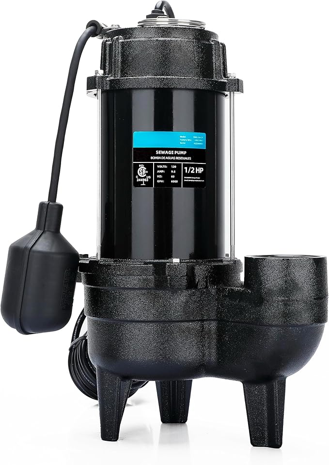 LEO 1/2 HP Sewage/Effluent Pump, 6000 GPH Submersible Basement Sewer Pump with 10ft Auto Float Switch, Cast Iron Sump Ejector, 2'' NPT for Sewage Basin, 115V